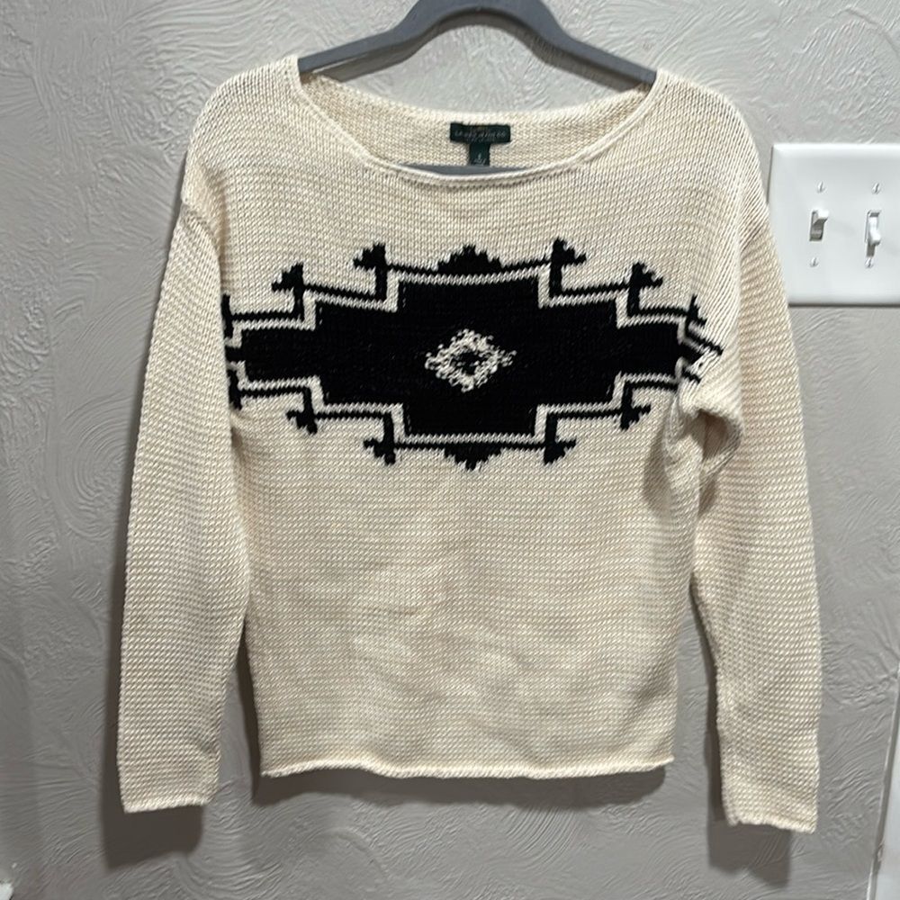 Ralph Lauren Boat Neck Intarsia Knit Sweater Pullover Cream Black Size Small